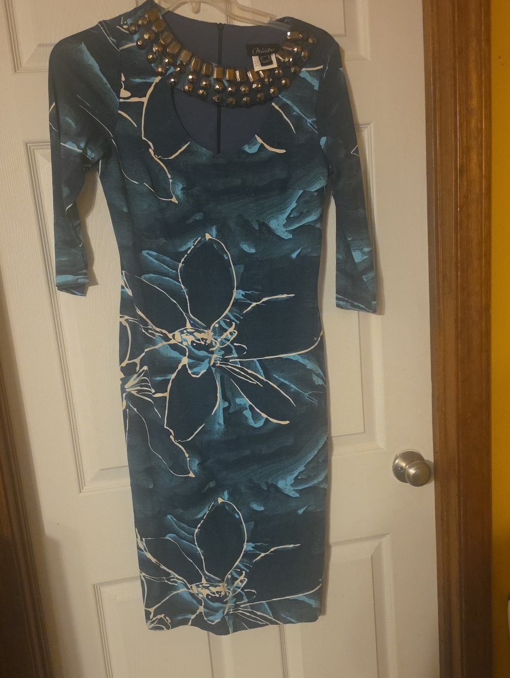 Embellished Neck Teal Floral Midi Dress by Chaus